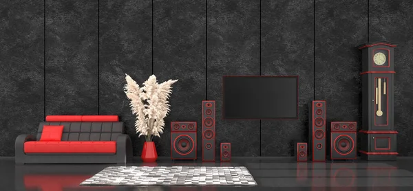 black interior with modern design black and red speaker system and TV, 3d illustration
