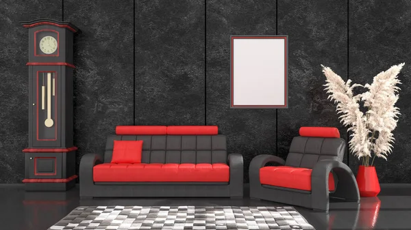 Interior Negru Canapea Neagră Roșie Modernă Rame Pentru Mockup Ilustrație Fotografie de stoc