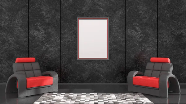Black Interior Black Red Frames Armchair Mockup Illustration — Stock Photo, Image