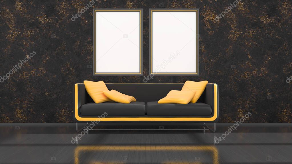 black interior with modern black and yellow sofa and frames for mockup, 3d illustration