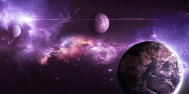 Dış uzayın arka planında Dünya ayı ve Uranüs güzel bir nebula ile, 3 boyutlu illüstrasyon