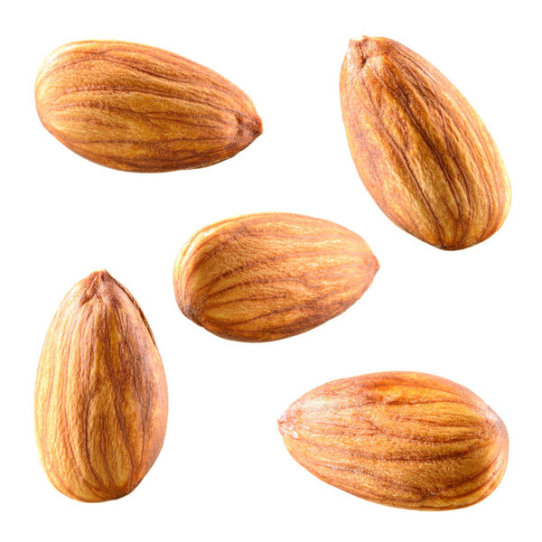 Almonds isolated on white background. Collection.