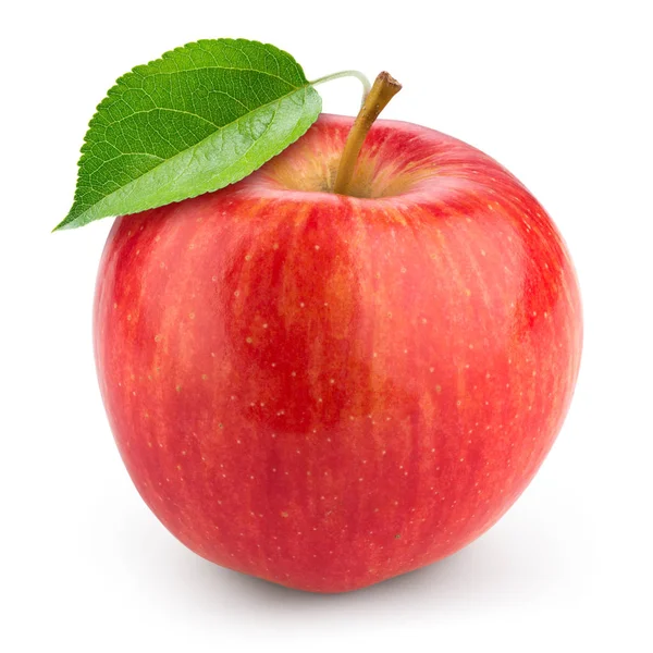 Pomme Rouge Fraîche Avec Feuille Isolée Sur Blanc — Photo