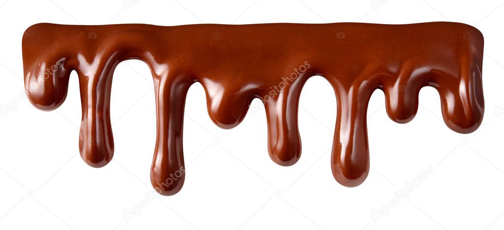 Melted chocolate syrup is dripping. Streams with drops isolated 