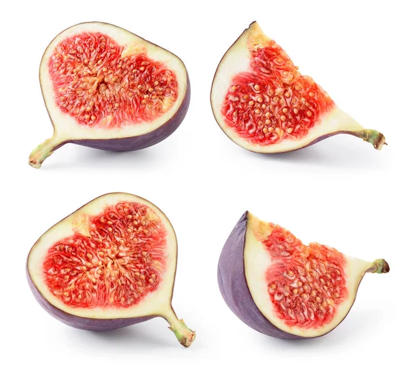 Fresh cut fig. Pieces of fruit. Half and quarter isolated on whi — Stock Photo, Image