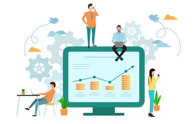 Vektör çizim sanal iş Yardımcısı. Smartphone cep telefonu ile düz simgesi tüm hesapları, para, kartları yatırım yönetimi birleştirilir. grafik tasarım iş kavramı mobil Yardımcısı, mobil bankacılık.