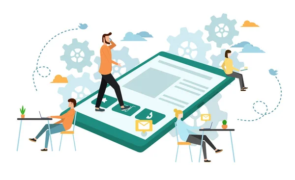 Bir grup insan, gökdelenler gibi dev dijital tabletler ilerler ve içeriği oluştururken yaratıcı bir şekilde birlikte çalışır. Diğer kişiler bu içeriği mobil cihazlarına indirir.