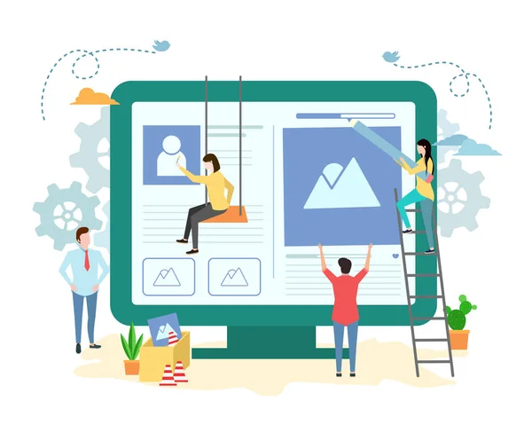 Web sitesi inşaatı, web tasarımı konsept çizimi düz stil. İnternet sitesinde çalışanlar. Çeşitli görevler, takım çalışması yapan karakterler.