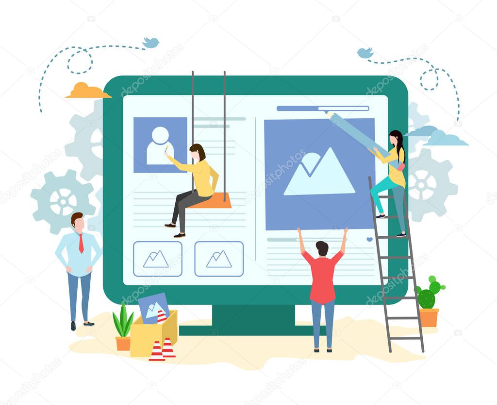 Website construction, web design concept illustration in flat style. People working on website. Characters doing various tasks, teamwork.
