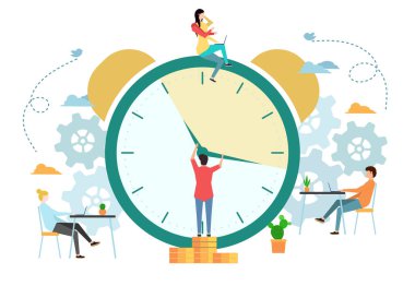 Zaman yönetimi, denetim. Vektör çizim düz tasarımı. Arka plan üzerinde izole. Dişli saat şeklinde sen git iş adamı. Organizasyon süreci.