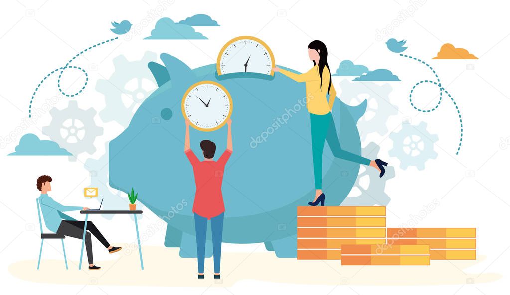 Time management, control. Vector illustration flat design. Isolated on background. Businessman run along gear in form of clock. Organization of process.