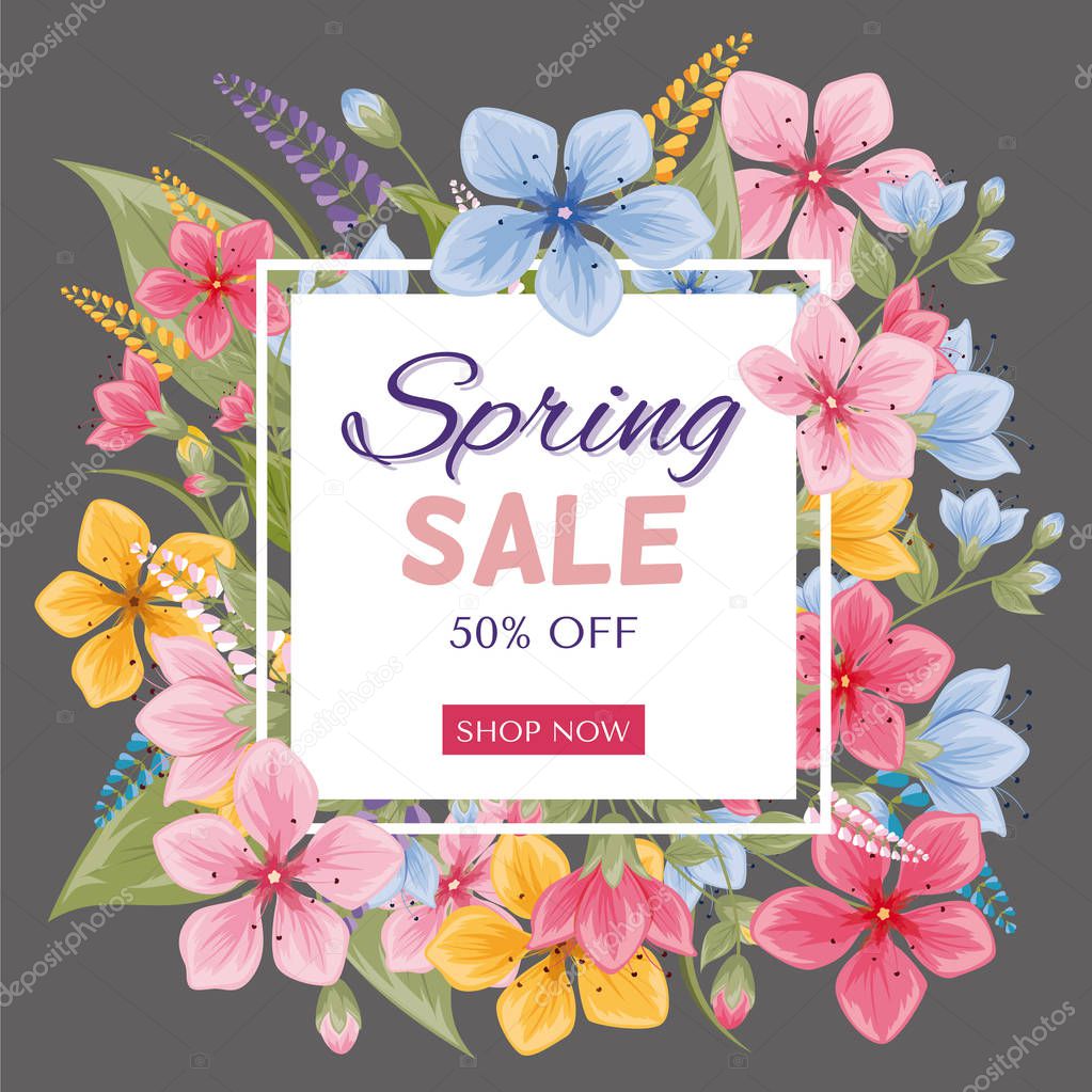 Spring sale poster template with colorful flower background.Can 