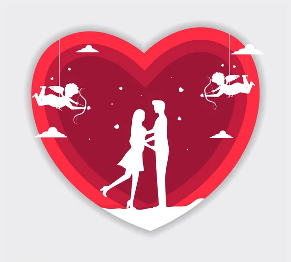 День святого Валентина векторная иллюстрация с молодой влюбленной парой. Парень и девушка улыбаются и целуются. Симпатичные влюбленные находятся на фоне формы сердца . — стоковый вектор