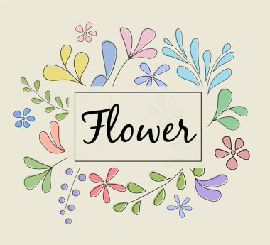 Vektör çizim çiçek şablon güzel çiçekler, yapraklar, çerçeve ve beyaz arka plan üzerinde yazıt ile. Elle çizilmiş düz stil tasarım çiçek poster, kartı, düğün davetiyesi