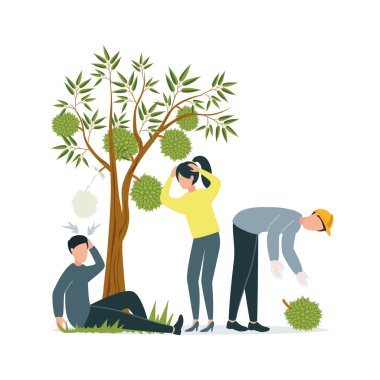 Durian meyveleri olan bir ağacın yakınındaki resim. Bir adam kafasına düşen bir meyveyi vurduktan sonra oturur, bir kız başını tutarak yanında durur, kasklı ve eldivenli bir adam Durian 'ın üzerine eğilir.