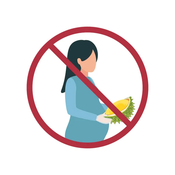 Εικονογράφηση με μια πινακίδα απαγόρευσης Μην τρώτε Durian έγκυος. Έγκυος γυναίκα με durian φρούτα στα χέρια σε απαγορευτικό σημείο — Διανυσματικό Αρχείο
