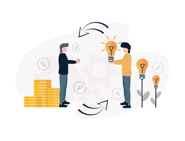 Risk sermayesi. Bir adam elinde bir ampul tutar, ardından çiçekler, tomurcukları olan tomurcuklar yerine, önünde parası olan bir adam durur, madeni paraların yanında.