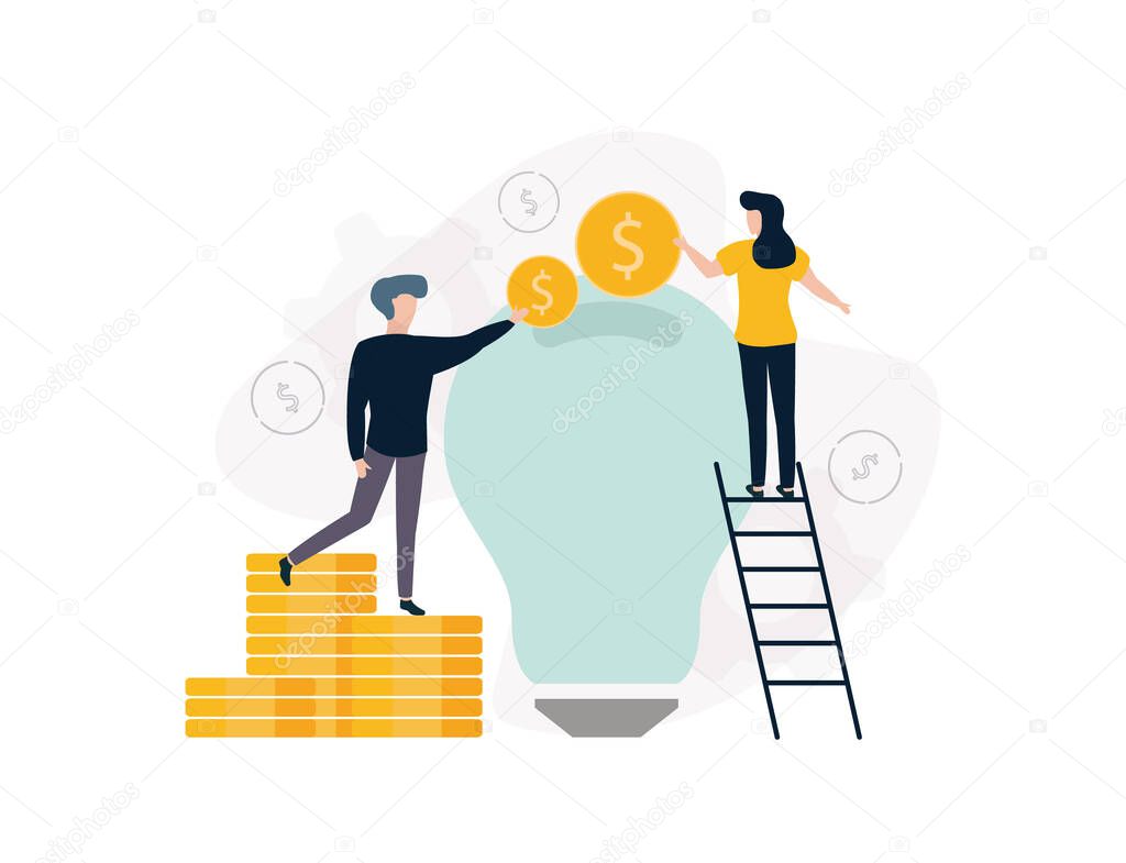 Venture capital. A man standing on a stack of coins, a woman standing on a ladder throwing coins in a light bulb, on the background of dollar icons