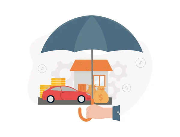 Les assurances. Illustration d'une main tenant un parapluie sous lequel une maison, une voiture, des piles de pièces de monnaie, un sac d'argent, sur le fond d'engrenages et de signes de dollar — Image vectorielle