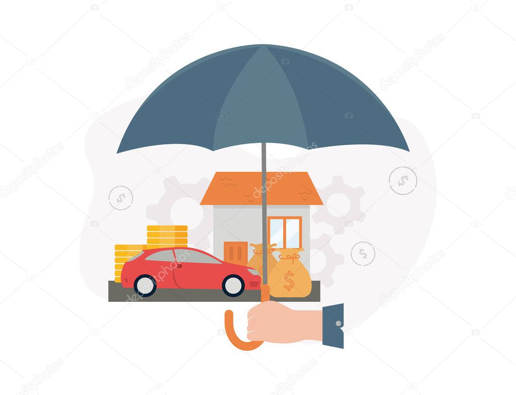 Insurance. Illustration of a hand holds an umbrella under which a house, a car, stacks of coins, a money bag, on the background of gears and dollar signs