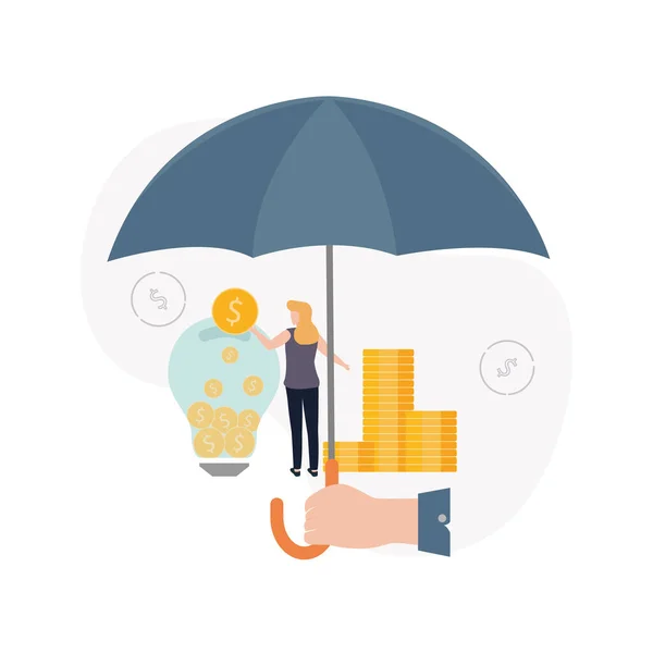 Sigortacılık. Risk sermayesi. Resimde bir el şemsiye tutuyor altında bozuk para yığını olan bir kadın bir ampule bozuk para atıyor, dolar işaretlerinin arka planında.