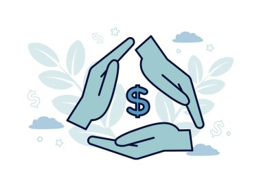 Finance. Financial services. Financial intermediaries. Illustration of three hands folded by a triangle, inside of which is a dollar, on the background of a branch with leaves, stars, clouds. clipart