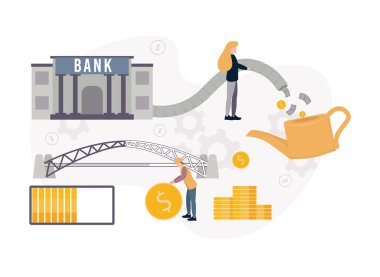 Devlet altyapı projelerine borç vermek. Boru hattından geçen bir bankanın tasviri, banknotlar ve paralar gelir, altında bir yığın madeni para olan bir su kutusuna dökülür.
