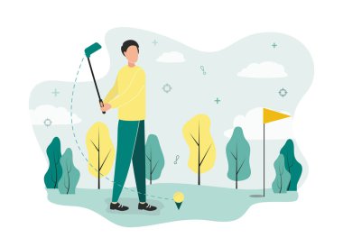 Golf illüstrasyonu. Bir golfçü bir kürsüde bir golf topunun önünde durur, elinde bir sopa tutar ve dalgalar, bir bayrak direğinin, ağaçların, bulutların arkasında