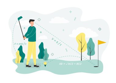 Golf illüstrasyonu. Golf sahasında golf sopası olan bir adam deliğe çarpmak için eğilir, açıyı ve açıyı hesaplar, kürsüde topun yanında durur ve bayrak direğinde durur.