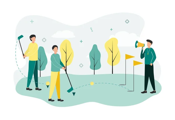 Illustration golf. Les joueurs de golf avec des clubs dans leurs mains sont formés par un homme avec un cri dans ses mains sur un terrain de golf avec des mâts de drapeau et des arbres. — Image vectorielle