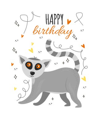 Lemur, kalp, karalama, doğum günü mektupları içeren illüstrasyon tebrik kartı. Tebrik kartı vektörü