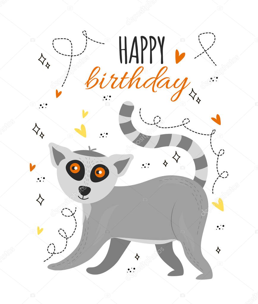 Illustration greeting card with lemur, hearts, doodle, happy birthday lettering. Greeting card vector.