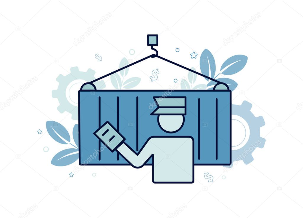 Finance illustration. Brokerage services. Customs Broker. Silhouette of a man in the form of a customs broker with a document in hand near a cargo container on a hook, on the background a gear