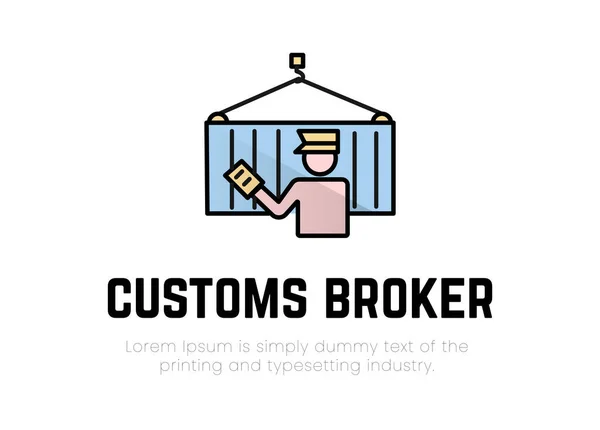 Mali işler. Finansal hizmetler. Komisyon hizmetleri. Gümrük komisyoncusu şeklinde bir adamın logo silueti elinde bir kancaya takılmış bir kargo konteynırının yanında, gümrük komisyoncusu.