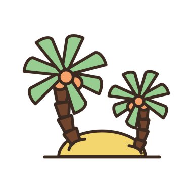 Seyahat et. Kumda palmiye ağacı ikonu. Kum adasındaki renkli bir palmiye ağacının vektör çizimi.