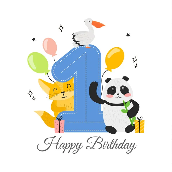 Vector illustration happy birthday card with number one, animal fenech, panda, pelican, gifts and balloons. Happy Birthday greeting card with unit, fenech, panda, pelican bird, balloons, gift boxes