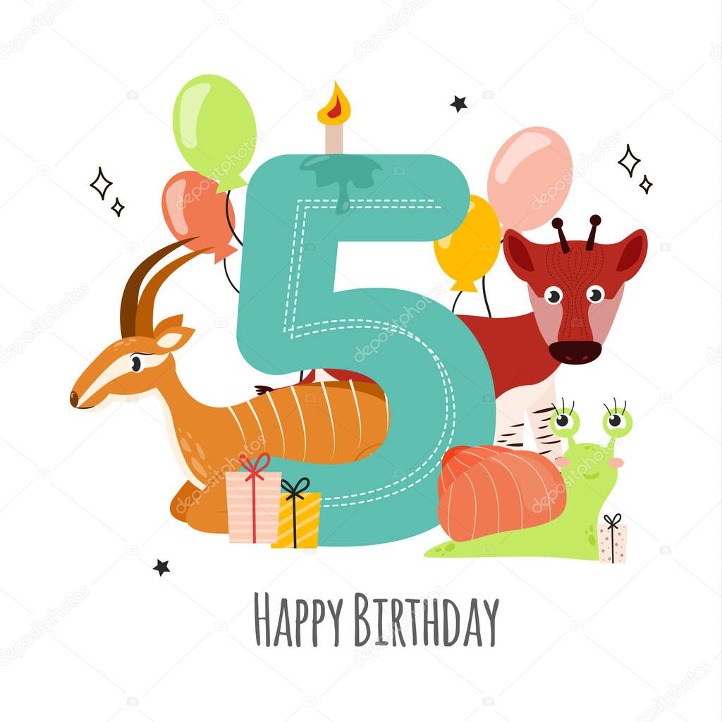 Vector illustration happy birthday card with number five with holiday candle, okapi animals, antelope, snail, gifts, balloons, asterisk, doodle. Greeting card with the inscription happy birthday.
