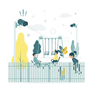 CCTV. Vector illustration of children swinging on a swing at the playground in kindergarten, video surveillance cameras are filming as a girl tries to climb out of the fence. clipart