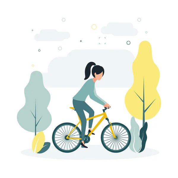 Illustration Vectorielle Une Femme Fait Vélo Sur Fond Arbres Plantes — Image vectorielle