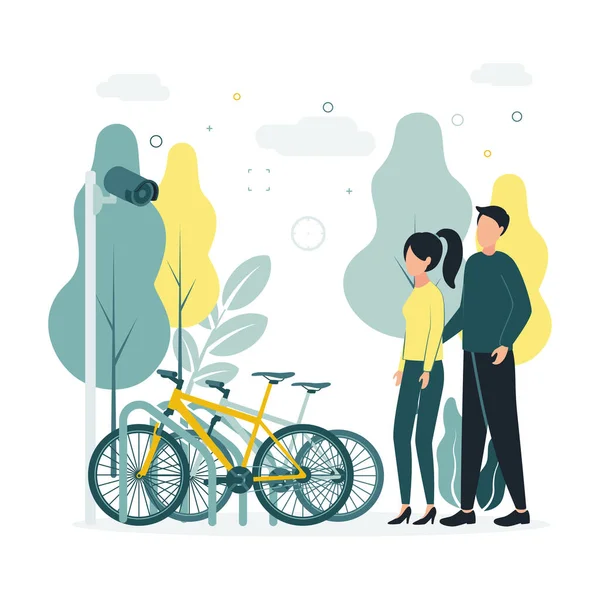 Cctv Ilustración Vectorial Hombre Una Mujer Pie Cerca Aparcamiento Bicicletas — Archivo Imágenes Vectoriales