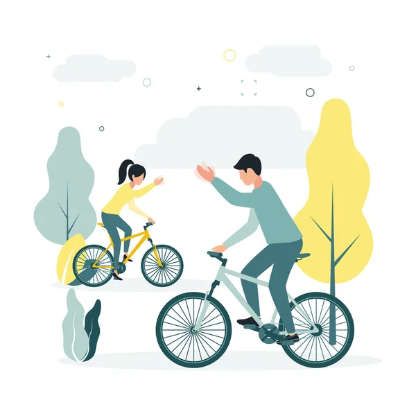 Vetor Ilustração Uma Mulher Homem Andar Bicicleta Acenar Mãos Uns — Vetor de Stock