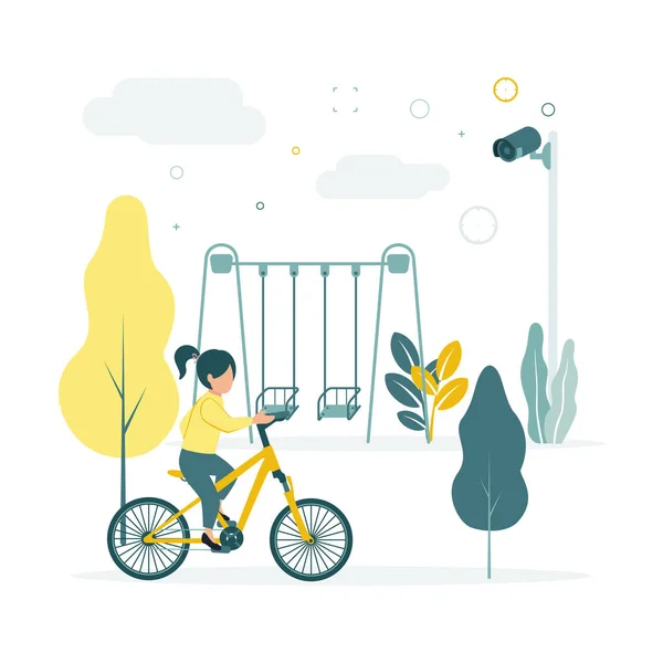 Cctv Vektor Menggambarkan Seorang Gadis Mengendarai Sepeda Taman Dekat Ayunan - Stok Vektor