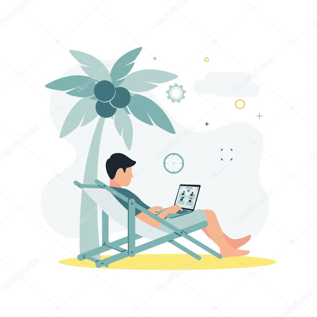 CCTV. A vector illustration of a man sitting on a deck chair under a palm tree with a coconut on the beach, holding a laptop in his hands.
