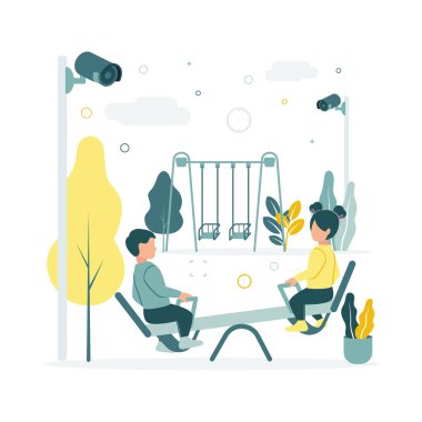 CCTV. Vector illustration of children swinging on a swing at the playground in kindergarten, video surveillance cameras are shooting, against the background of trees, plants, clouds. clipart
