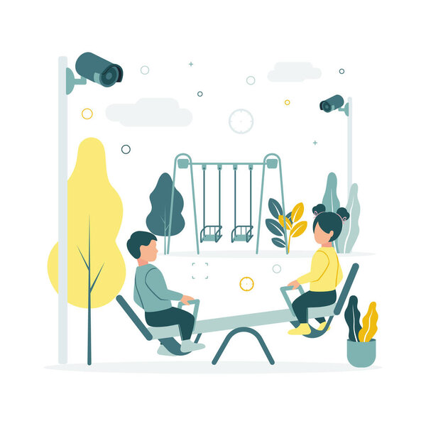 CCTV. Vector illustration of children swinging on a swing at the playground in kindergarten, video surveillance cameras are shooting, against the background of trees, plants, clouds.