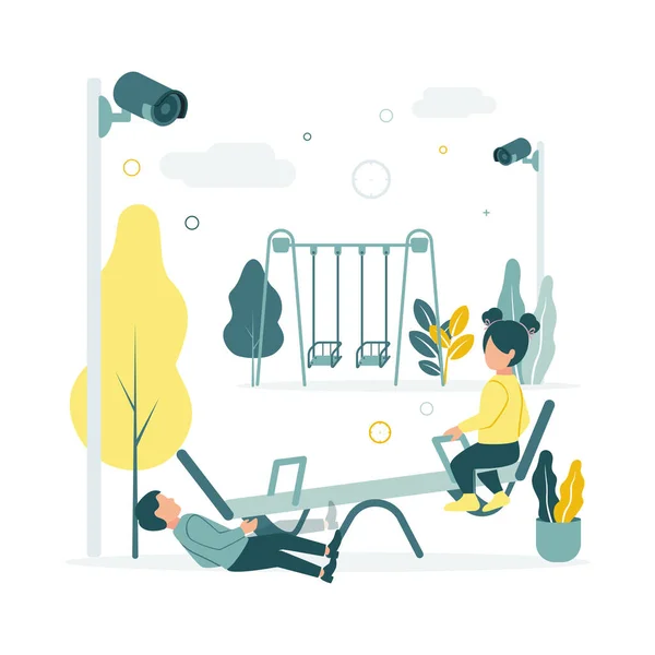 Cctv Ilustração Vetorial Crianças Balançando Balanço Playground Jardim Infância Menino — Vetor de Stock