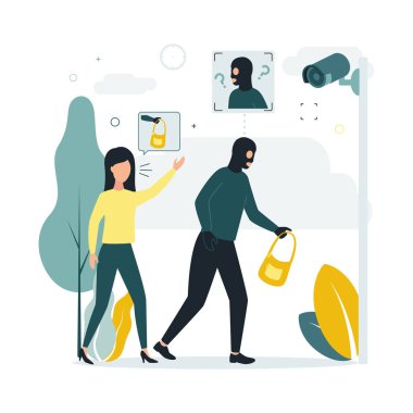 Güvenlik kamerası. Güvenlik kamerasının vektör illüstrasyonunda bir kadının maske takan bir adam tarafından el çantasının çalındığı görülüyor. Soyguncunun yüzünü tanımıyor..