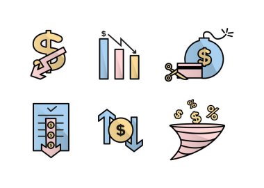 Finans simgeleri ayarlandı. Devalüasyon vektör illüstrasyonu, varsayılan. Aşağı okun bulunduğu dolar simgesi. Yuvarlak bir çerçevede dolar simgesi, üzerinde yukarı ve aşağı oklar var.