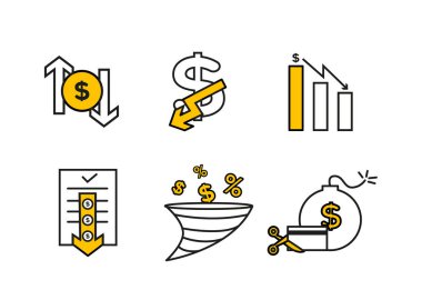 Finans simgeleri ayarlandı. Devalüasyon vektör illüstrasyonu, varsayılan. Aşağı okun bulunduğu dolar simgesi. Yuvarlak bir çerçevede dolar simgesi, üzerinde yukarı ve aşağı oklar var.