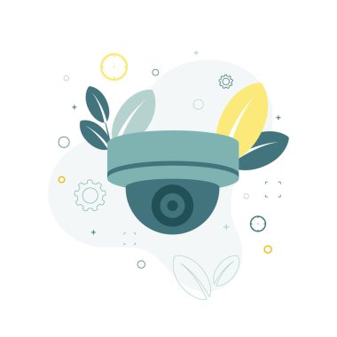 Güvenlik kamerası. Yaprakların ve viteslerin arka planında bir CCTV kamerasının vektör illüstrasyonu